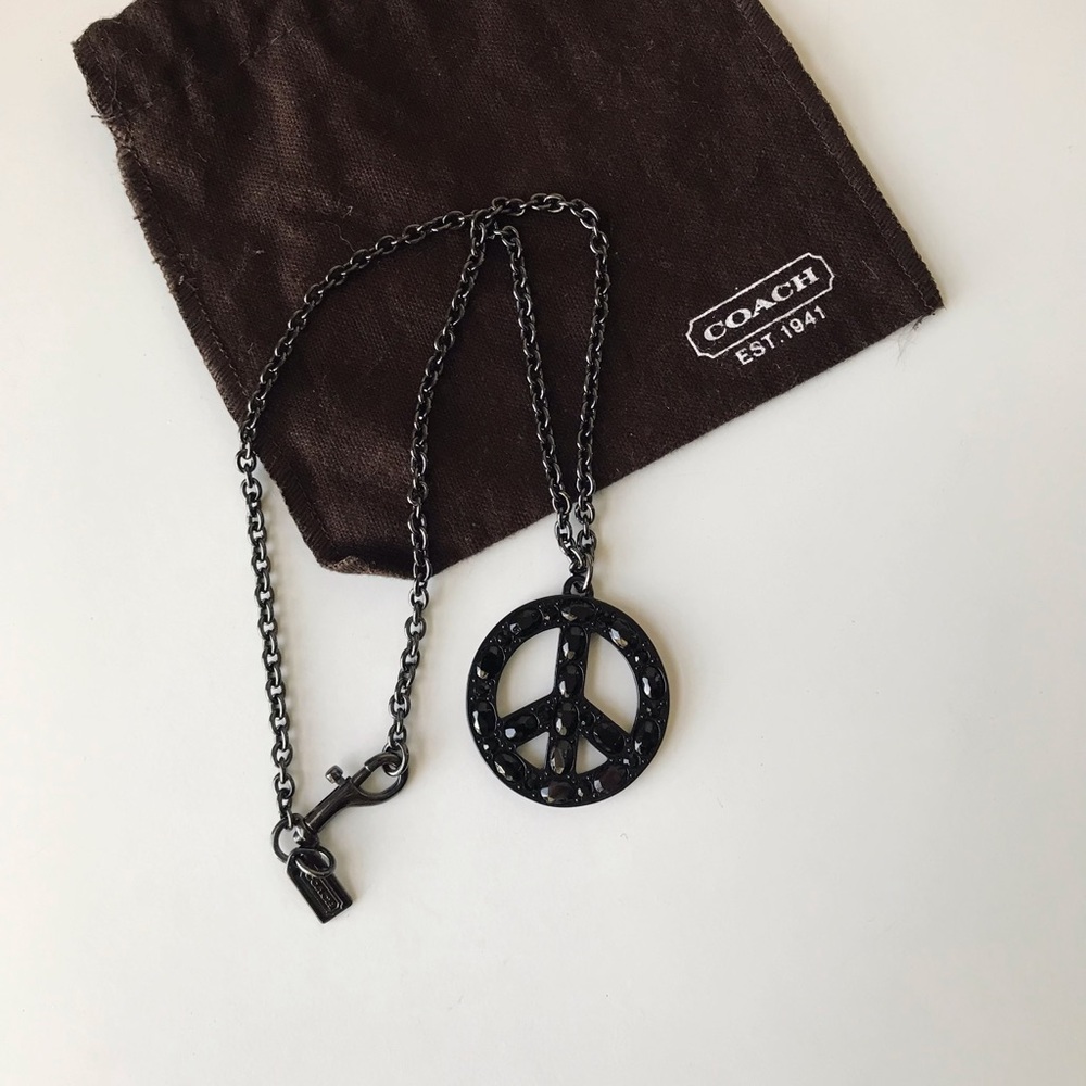 Coach Y2K Peace Sign Black Crystal Pendant Necklace